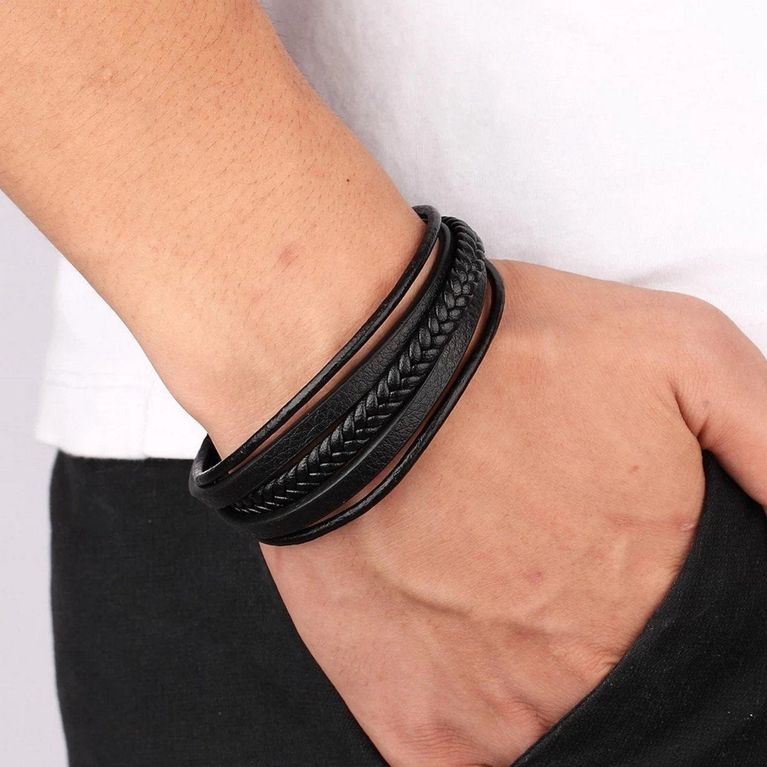 Black Braided Leather Bracelet with Stainless Steel Button Closure image 2