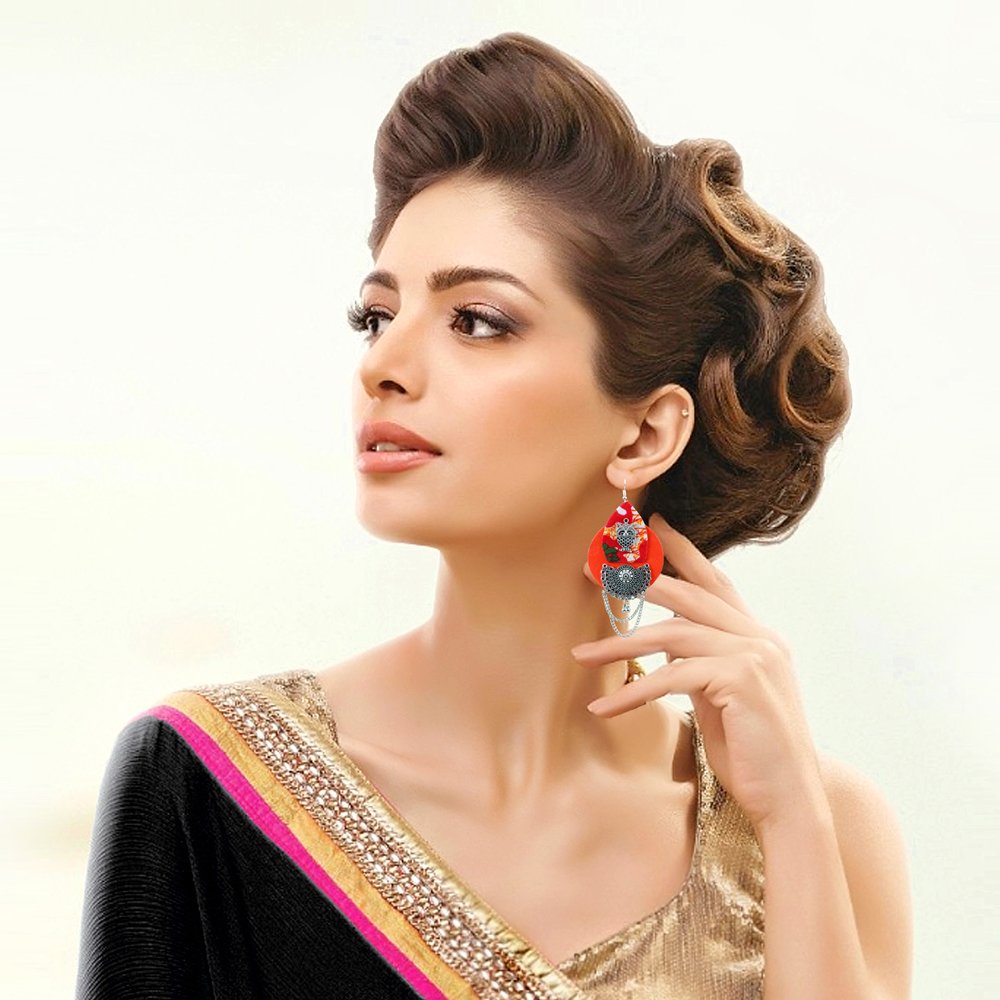 Handcrafted Orange Fabric Owl Pattern Dangler Earrings image 1