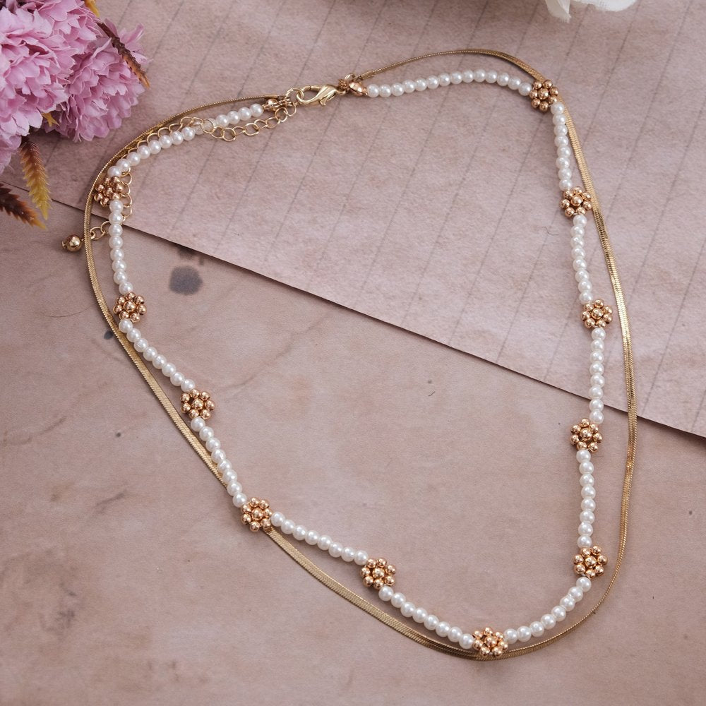 Gold-Plated Chain White Pearl Beaded Layered Necklace image 0