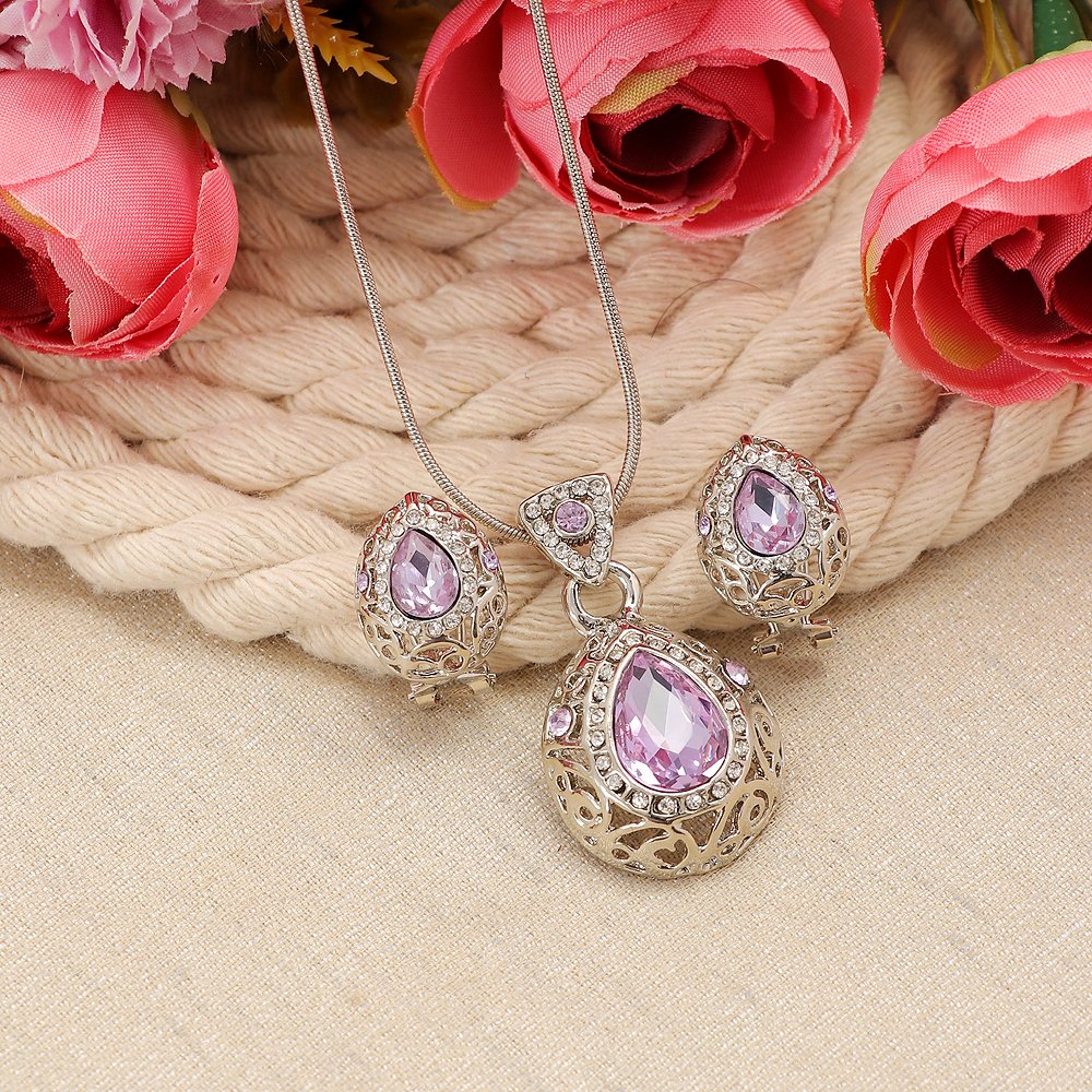 Silver-Plated Crystal Light Pink Teardrop Pendant Necklace and Earrings Set image 0
