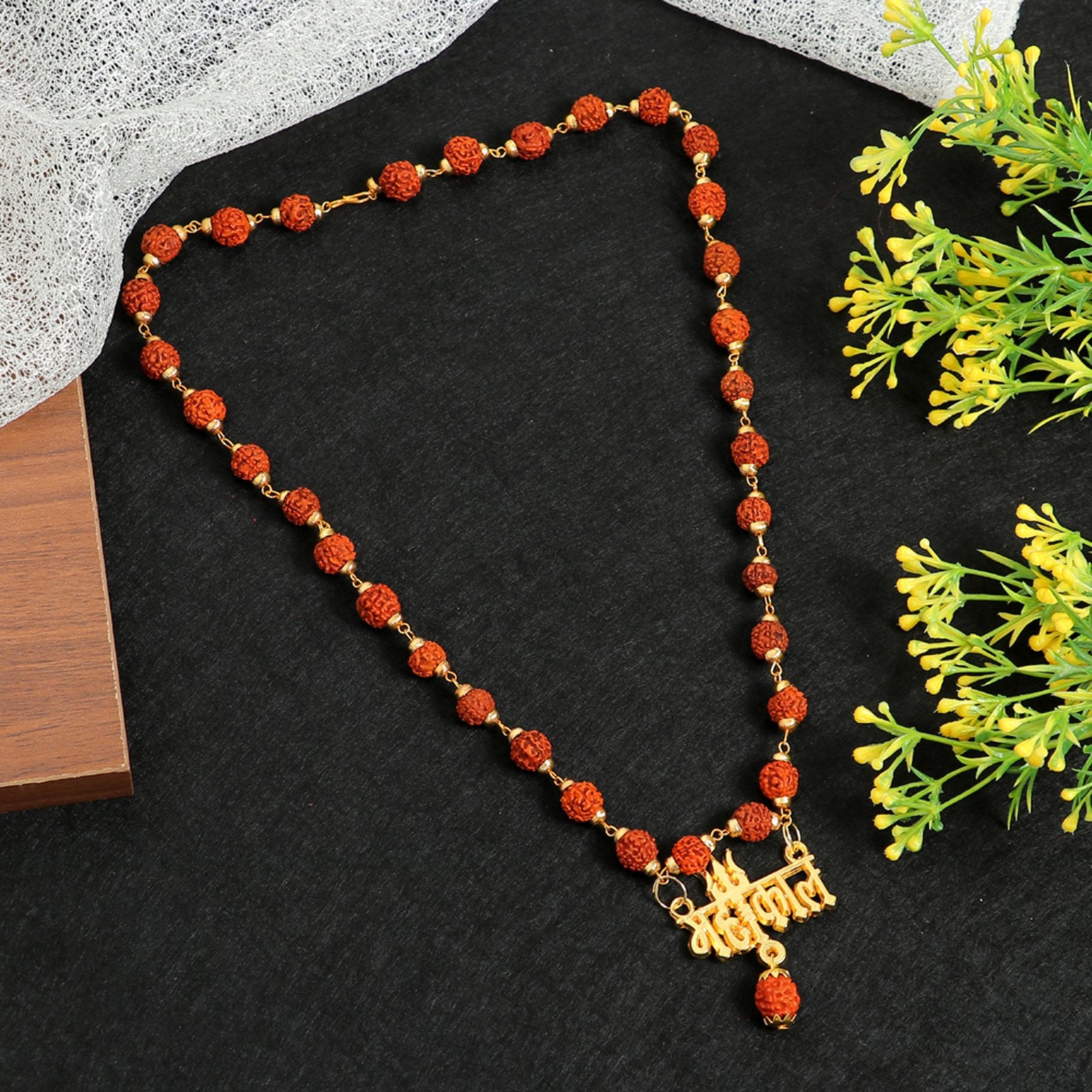 Men's Gold-Plated Rudraksh Mahakal Pendant Necklace & OM Black Ring Combo Set image 4