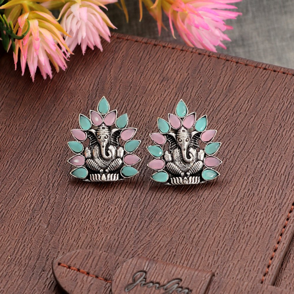 Oxidised Silver Pink & Sea-Green Ganpati Drop Earrings image 1
