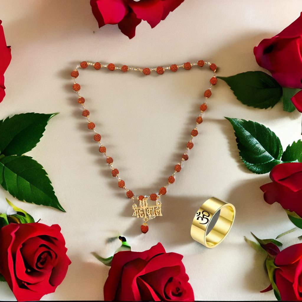 Men's Gold-Plated Rudraksh Mahakal Pendant Necklace & OM Golden Ring Combo Set image 1