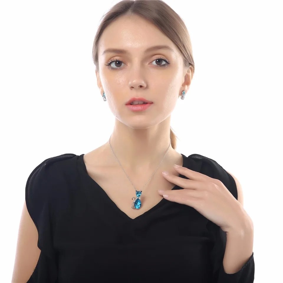 Silver-Tone Blue Crystal Kitty Teardrop Cat Chain Pendant Necklace for Women/Girls image 4