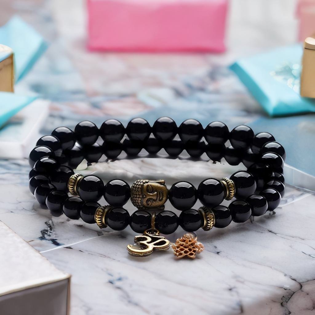 OM Buddha Bracelet Glossy Black Beads image 0