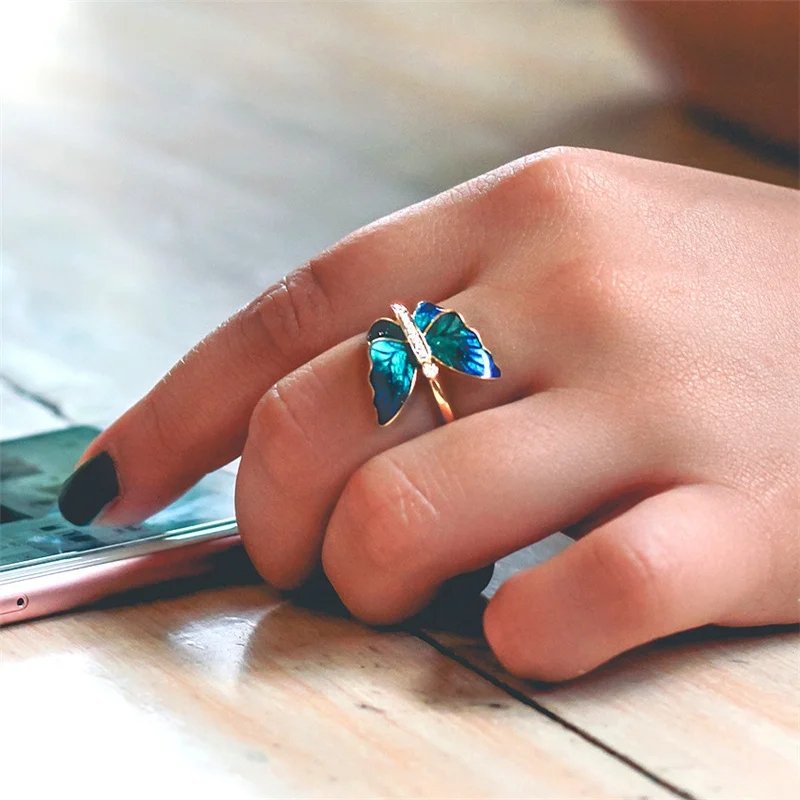 Gold-Plated Blue Butterfly Crystal Ring image 1