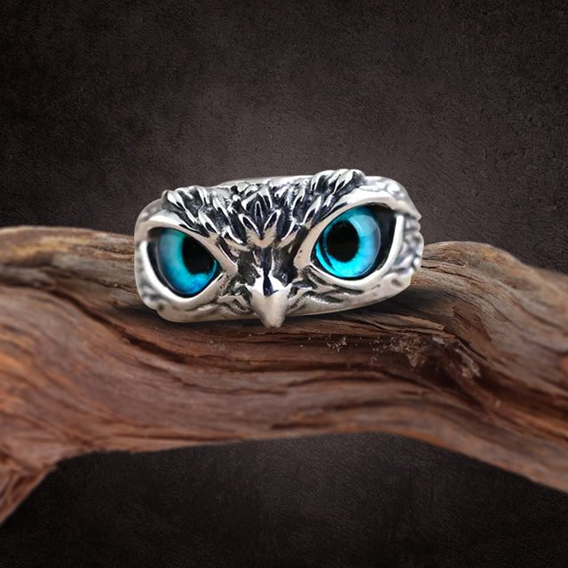 Oxidised Silver Owl Ring Blue Cat Eyes Adjustable Finger Ring image 3
