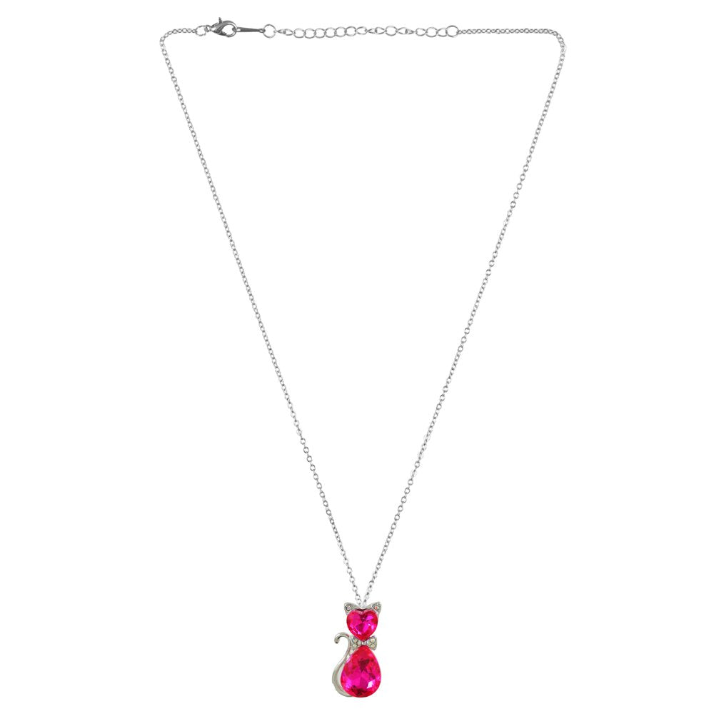 Silver-Plated Pink Crystal Cat Pendant Necklace image 2