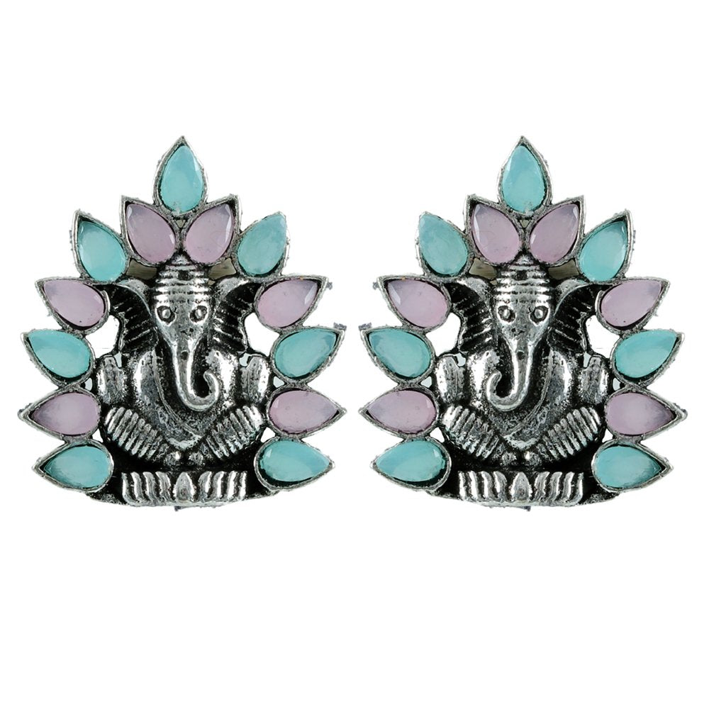 Oxidised Silver Pink & Sea-Green Ganpati Drop Earrings image 4