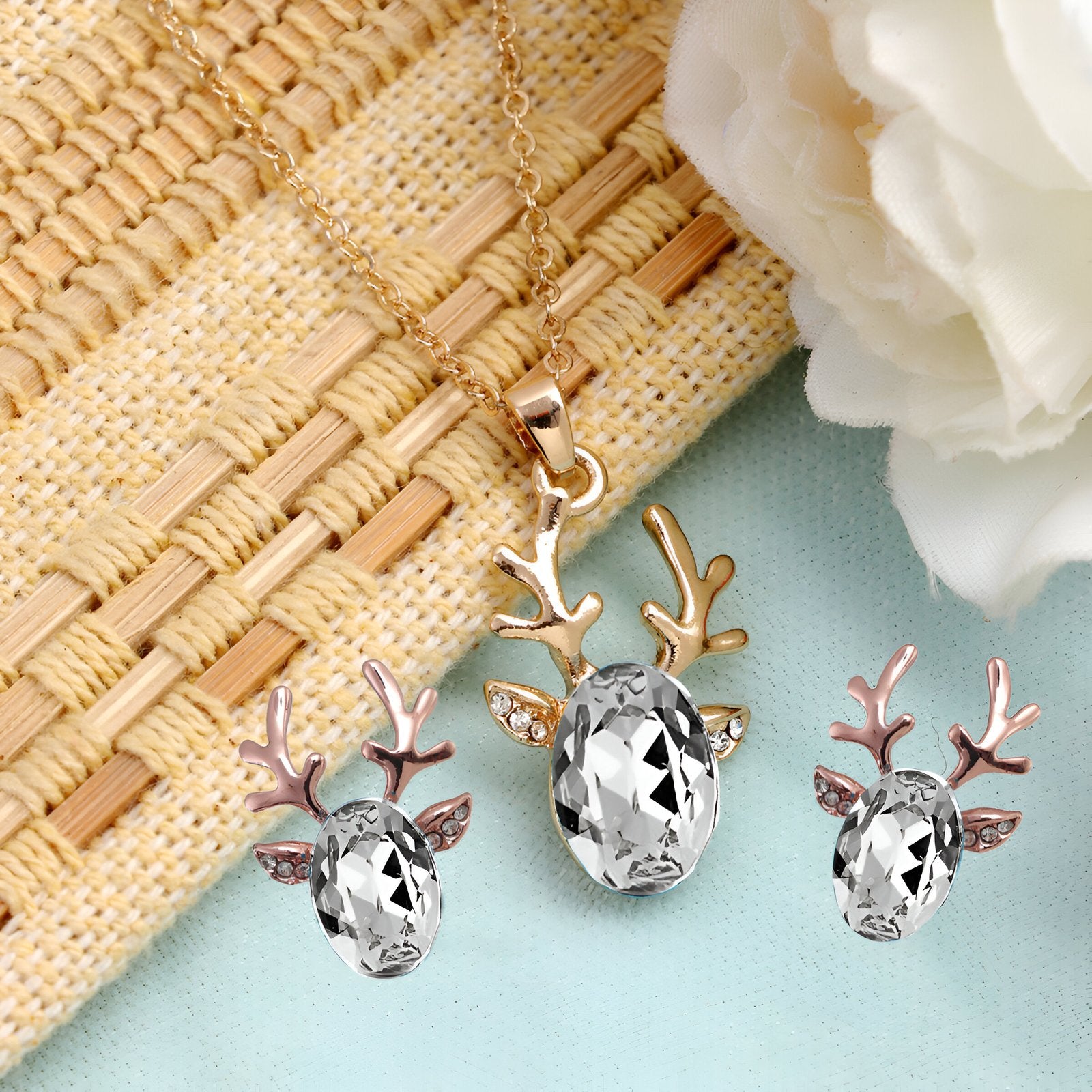 Gold-Plated White Crystal Deer Design Necklace & Earring Set image 0