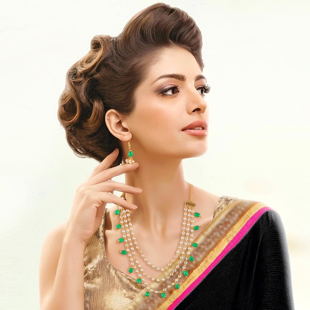 Gold-Plated Triple Layered Green & White Pearl Jewellery Set image 1