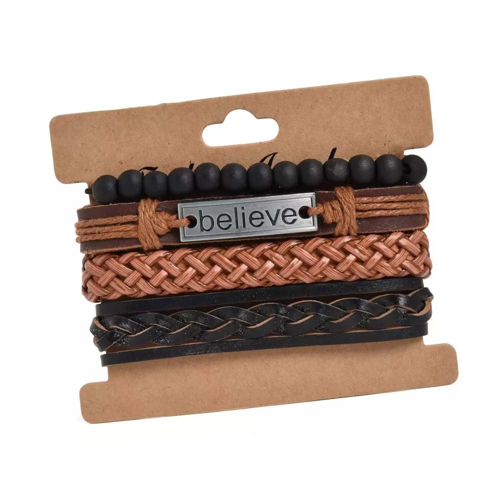 Brown Black Believe Multi-Strand Leather & Beads Charm Bracelet image 1