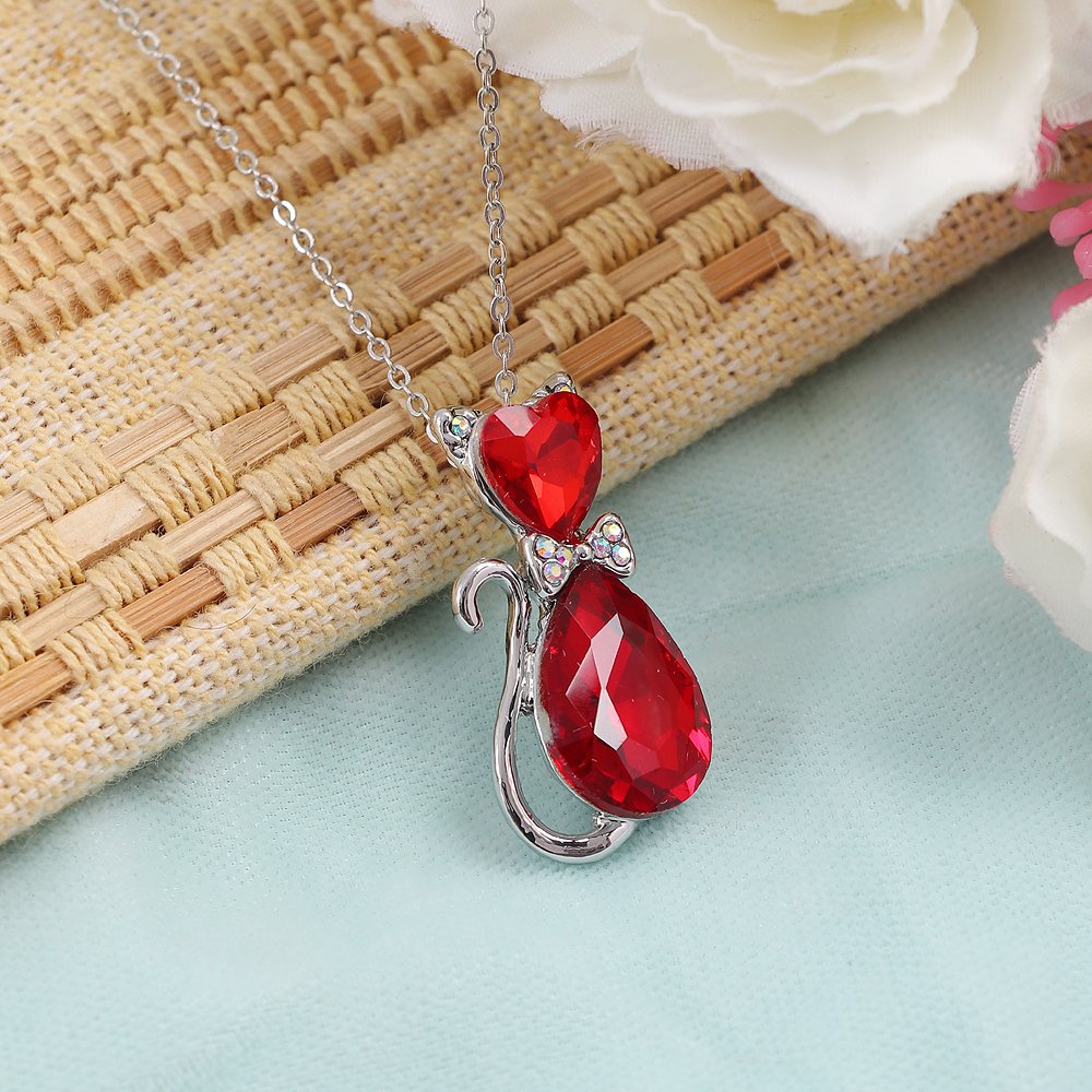 Silver-Plated Red Crystal Cat Pendant Necklace image 2