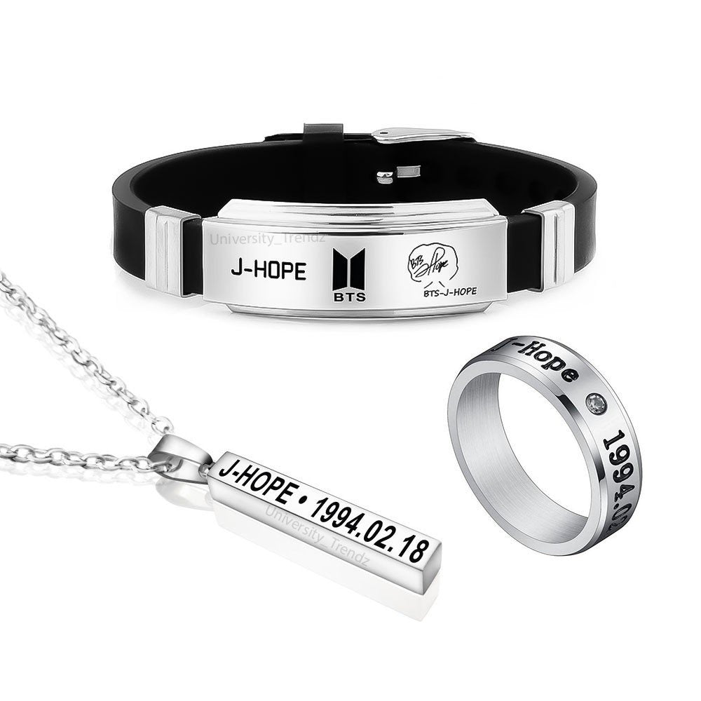 BTS J-Hope Tri Combo Pack of BTS Bracelet, Silver Ring and Pendant image 0