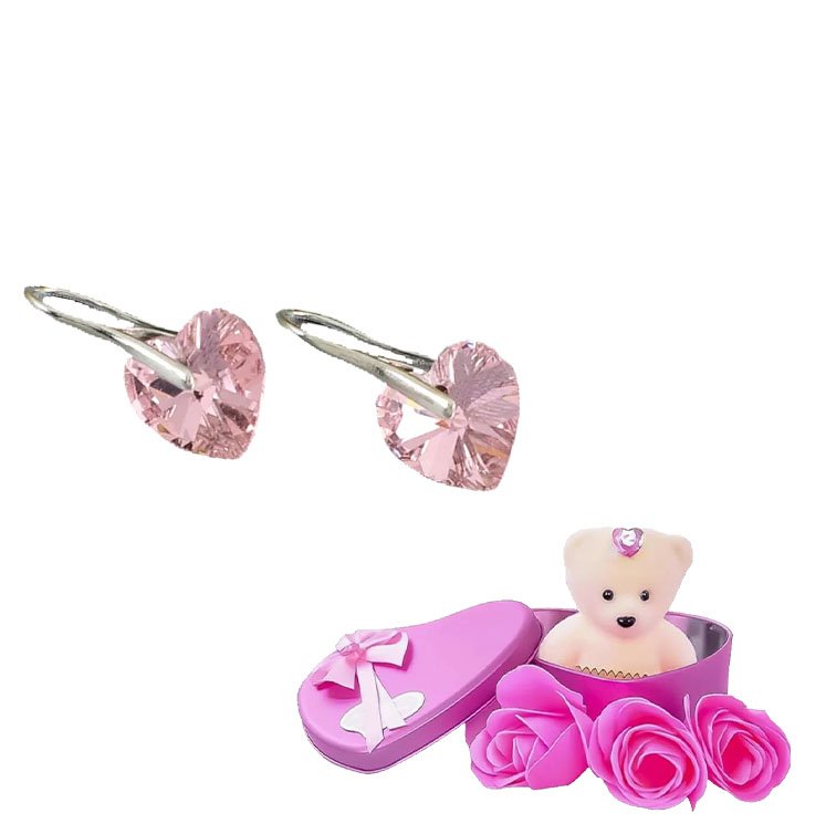 Pink Heart Stud Drop Earrings With Pink Teddy Bear Gift Combo Set image 3