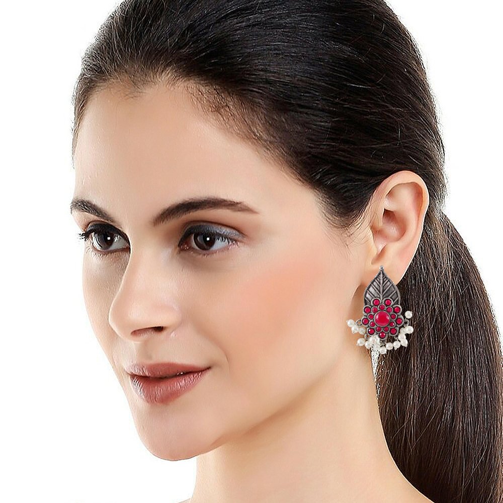 Oxidized Silver Leaf Red Stone/Pearl Stud Earrings image 1