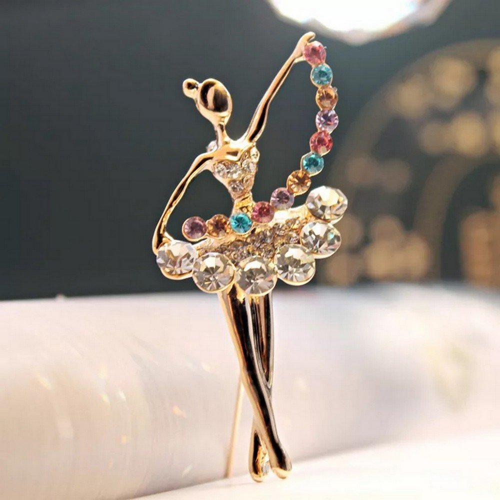 Gold-Plated Multicolor Crystal Dancing Doll Brooch for Women/Girls image 0