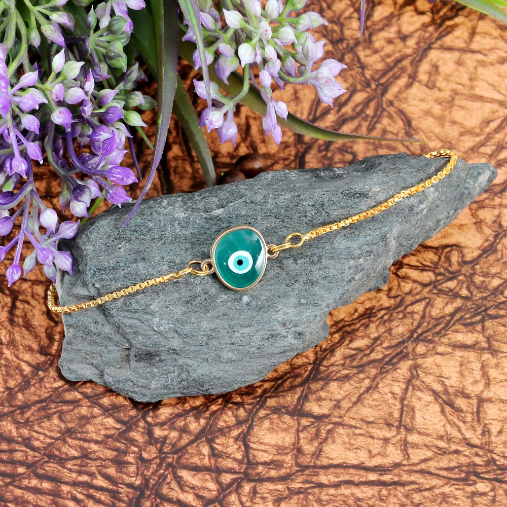 Gold-Toned Green Evil Eye Mini Charm Bracelet/Rakhi image 1