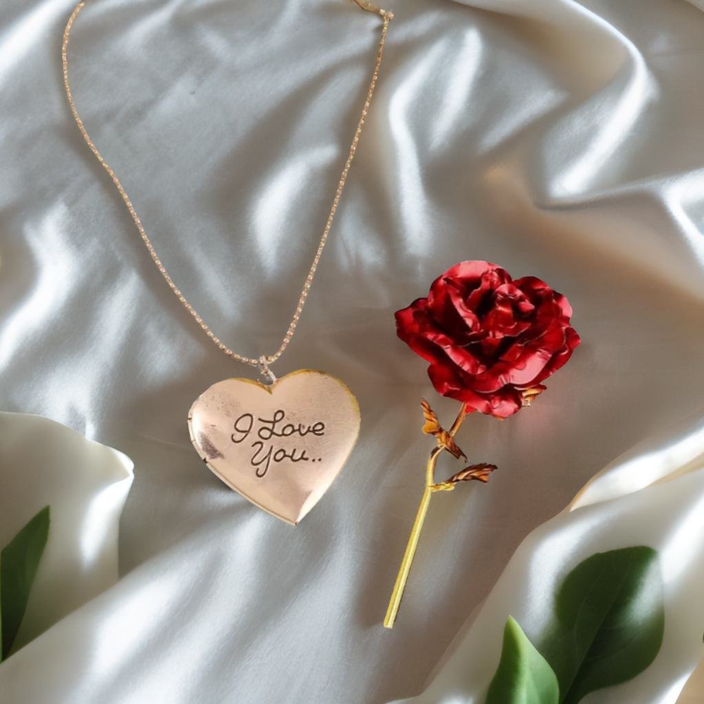 I Love Photo Frame Heart Pendant Chain & Red Rose Combo Gift Set image 1