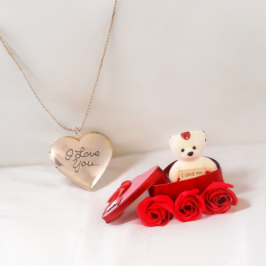 I Love Photo Frame Heart Pendant Chain & Red Teddy Bear Combo Gift Set image 0