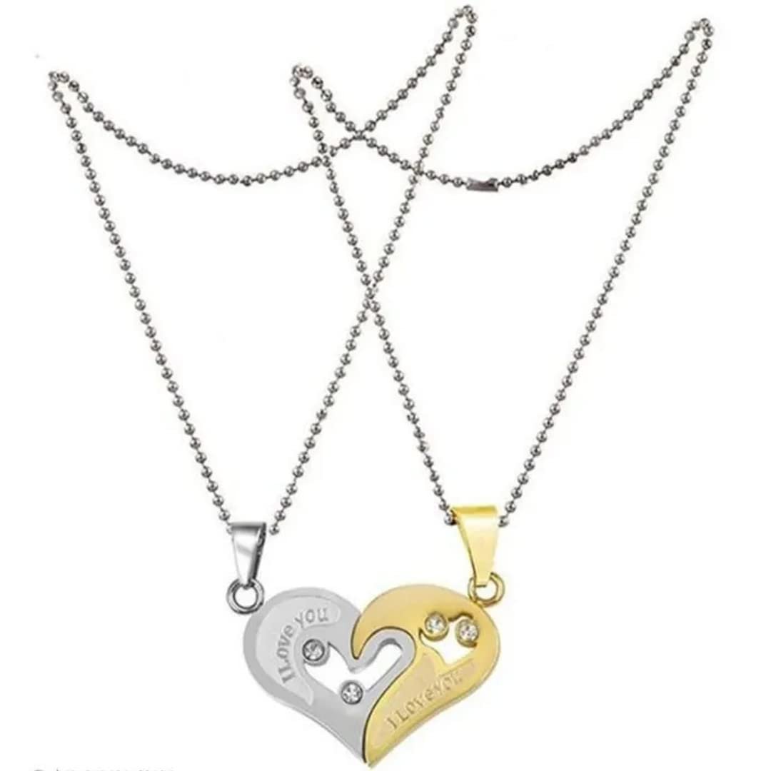 Dual-Tone Heart Locket Couple Double Chain Pendant Necklace for Men/Women image 3