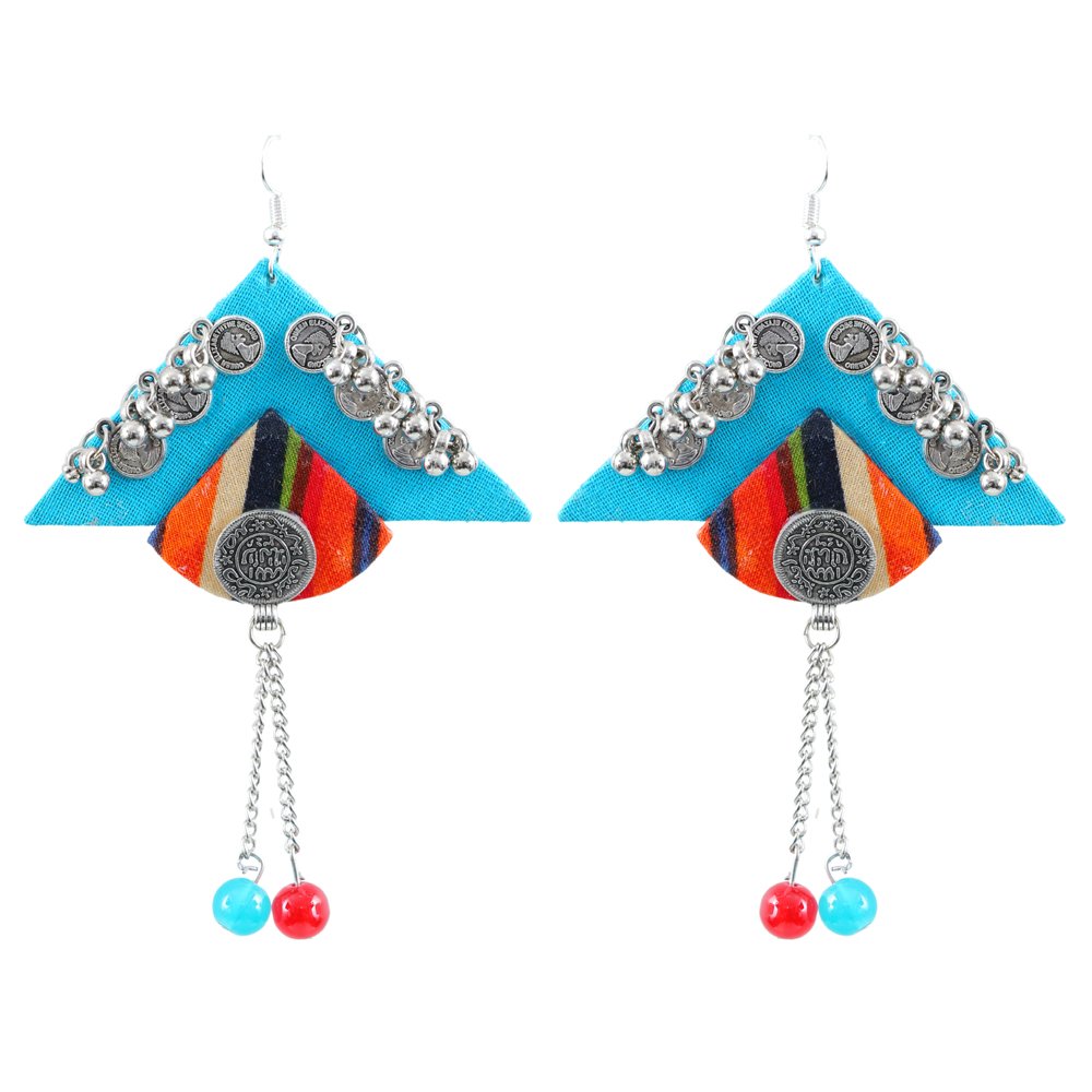 Coin Embellished Turquoise Blue Triangle Beaded Tassel Dangler Earrings image 3
