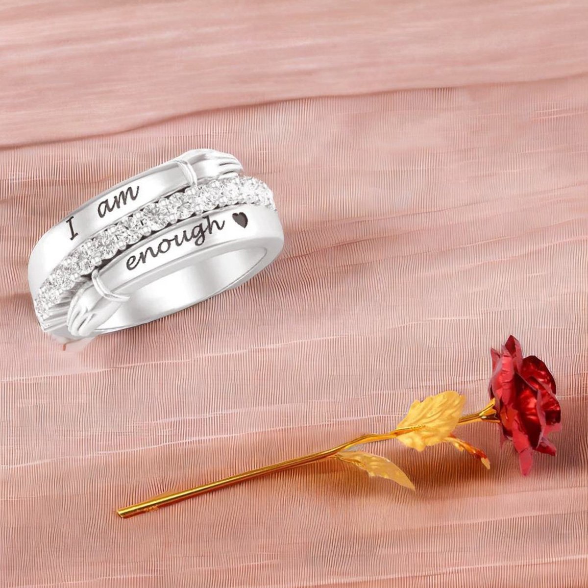 Valentine's Day Gift Set Engraved Silver-Plated Hug Ring & Red Rose Combo image 0