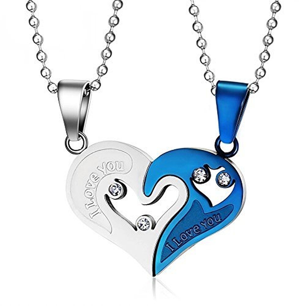 Dual-Tone Blue Heart Locket Couple Double Chain Pendant Necklace for Men/Women image 3