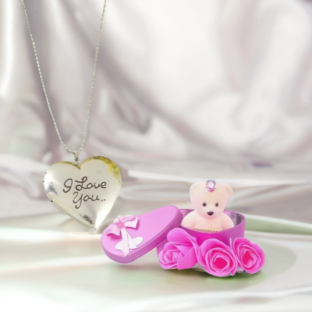 I Love Photo Frame Heart Pendant Chain & Pink Teddy Bear Combo Gift Set image 1