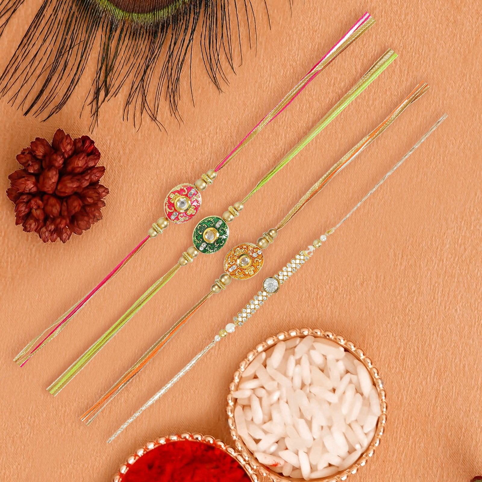 Set of 4 Kundan Beaded Handcrafted Rakhi Set For Brother image 1