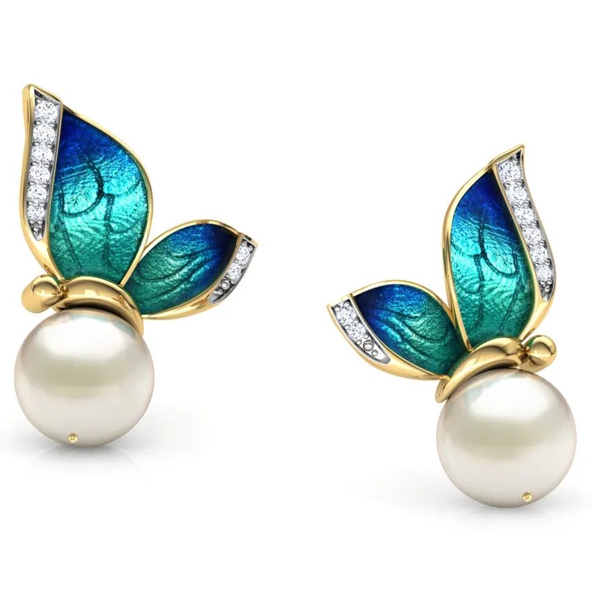 Gold-Plated Blue Butterfly Pearl Stud Earring For Women/Girl's image 3