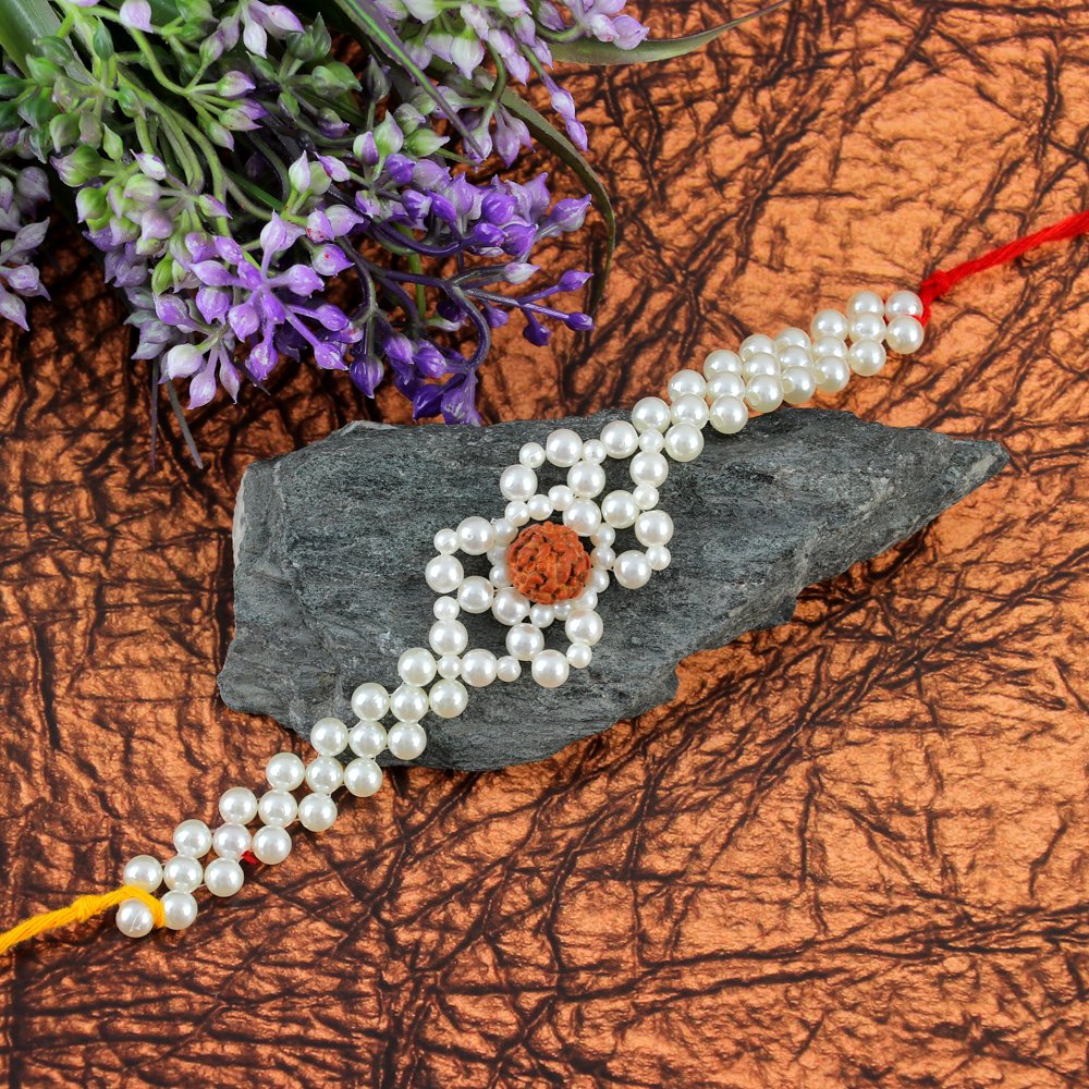 Handcrafted Pearl & Rudraksh Rakhi-Bracelet image 1