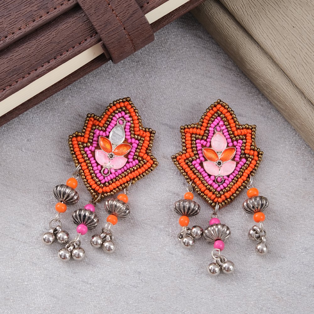 Handcrafted Beaded Pink/Orange Dangler Earrings for Women/Girl's image 1