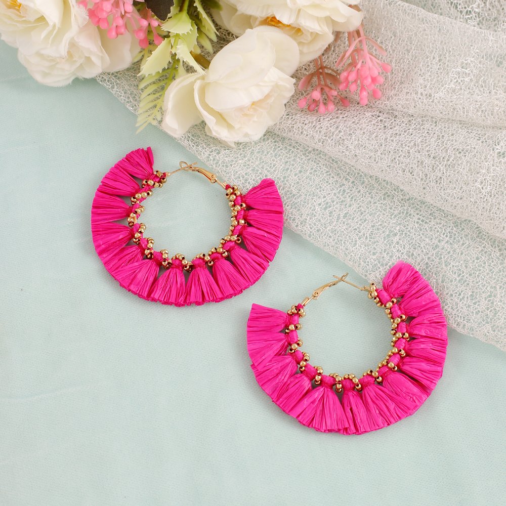 Handcrafted Pink Thread Detailed Hoop Earrings image 0