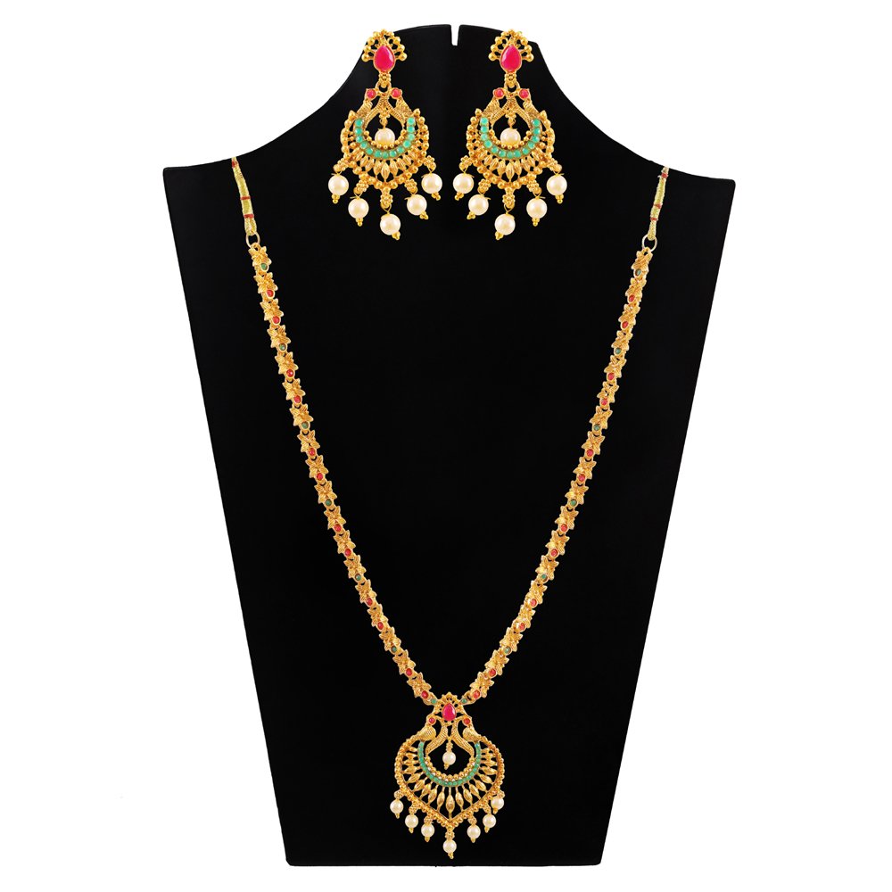 Gold-Plated Red & Green Stone Long Necklace Set image 3