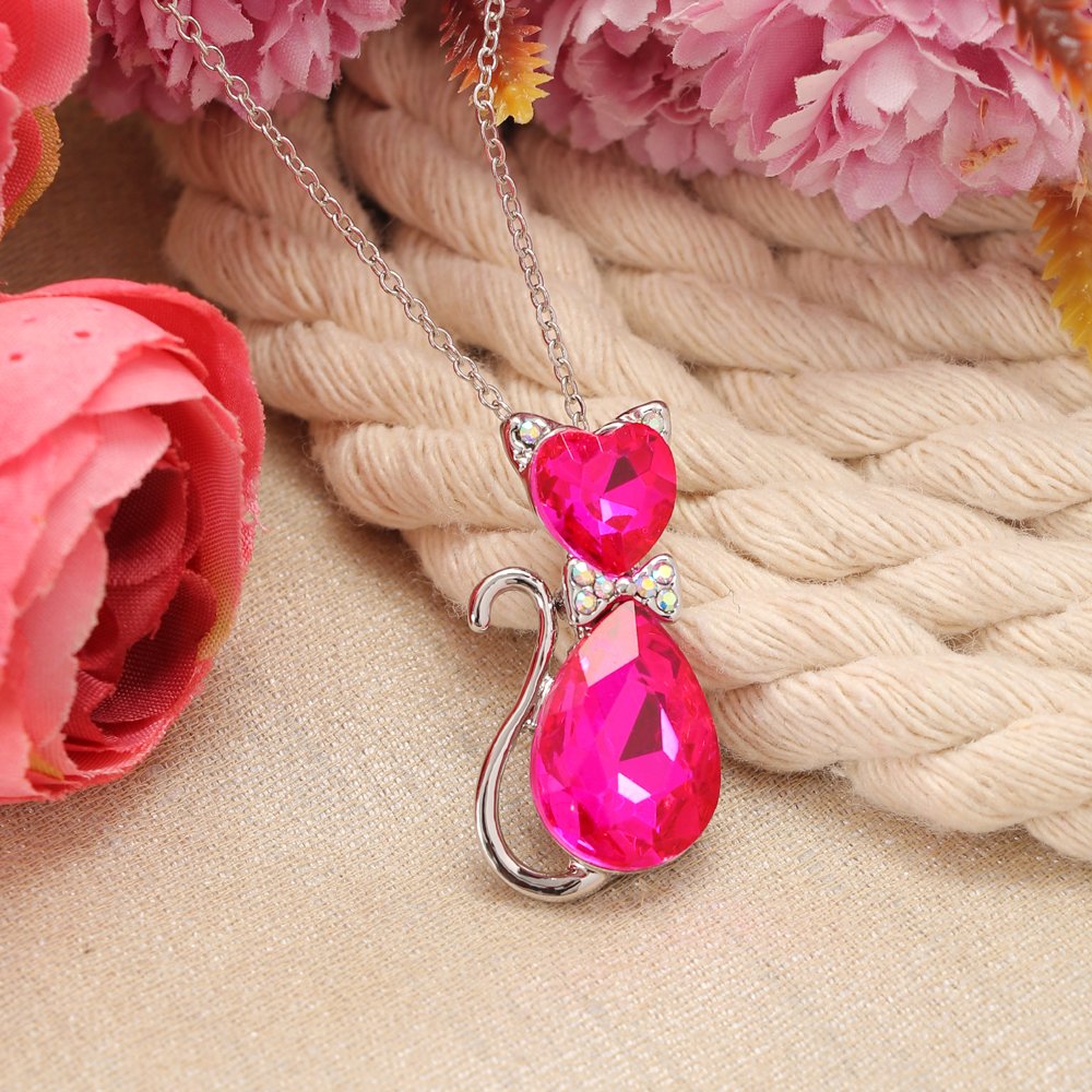 Silver-Plated Pink Crystal Cat Pendant Necklace image 3