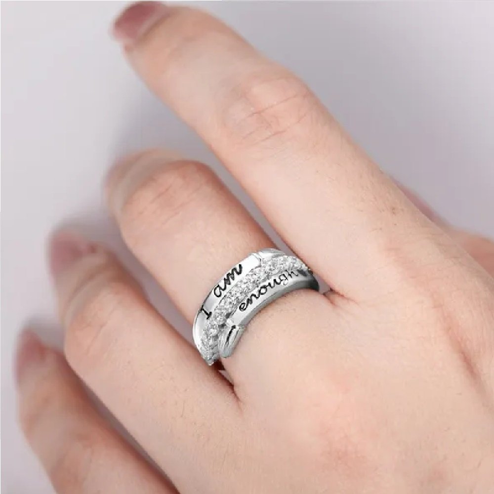 Silver-Plated Crystal Stud 'I am enough' Hug Ring image 1