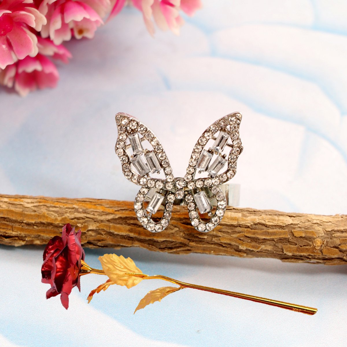 Valentine's Day Gift Set Butterfly Ring & Red Rose Combo image 0