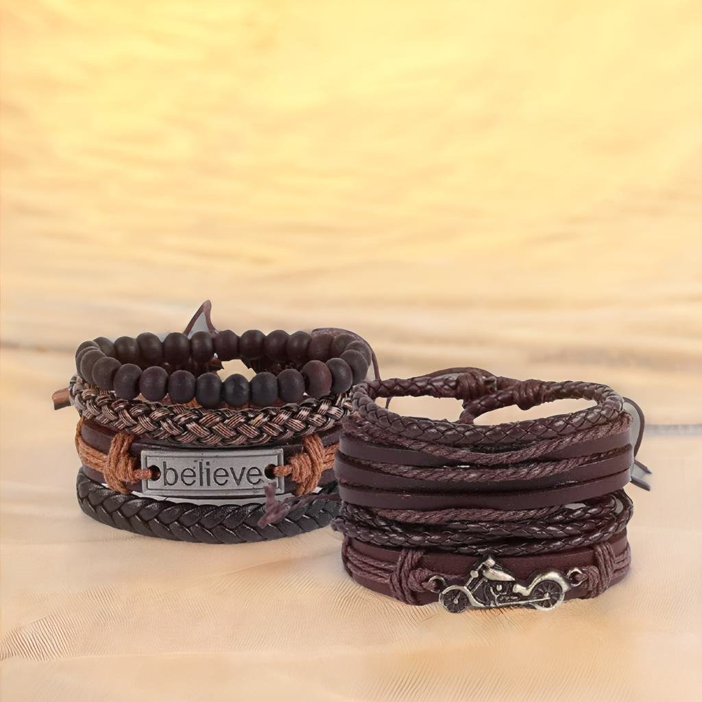 Biker Multi-strand Leather Wraps Beaded Bracelets Combo of 2 image 0