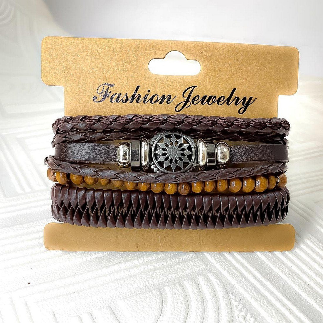 Men's Silver-Plated Floral Multistring Brown Wrap Bracelet image 1