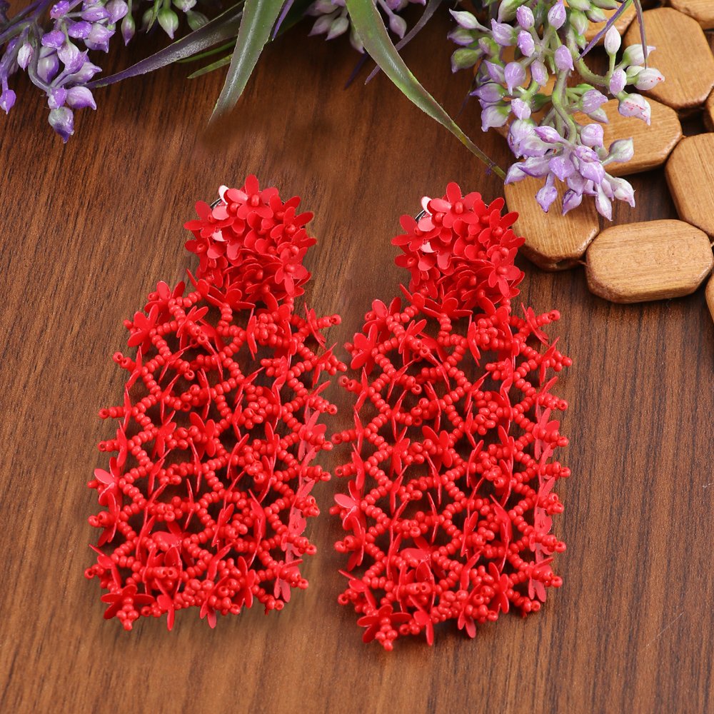 Red Beaded Floral Classic Tassel Earrings image 0