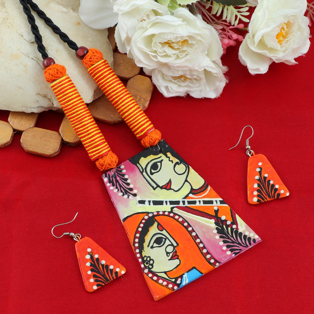 Hand-Painted Shri Ram Sita Terracotta Orange Fabric  Jewellery Set image 0