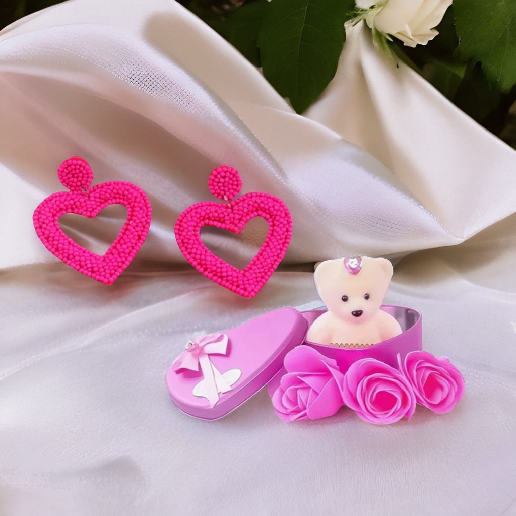 Handmade Pink Heart Earrings & Soft Pink Teddy Bear Combo Set image 1