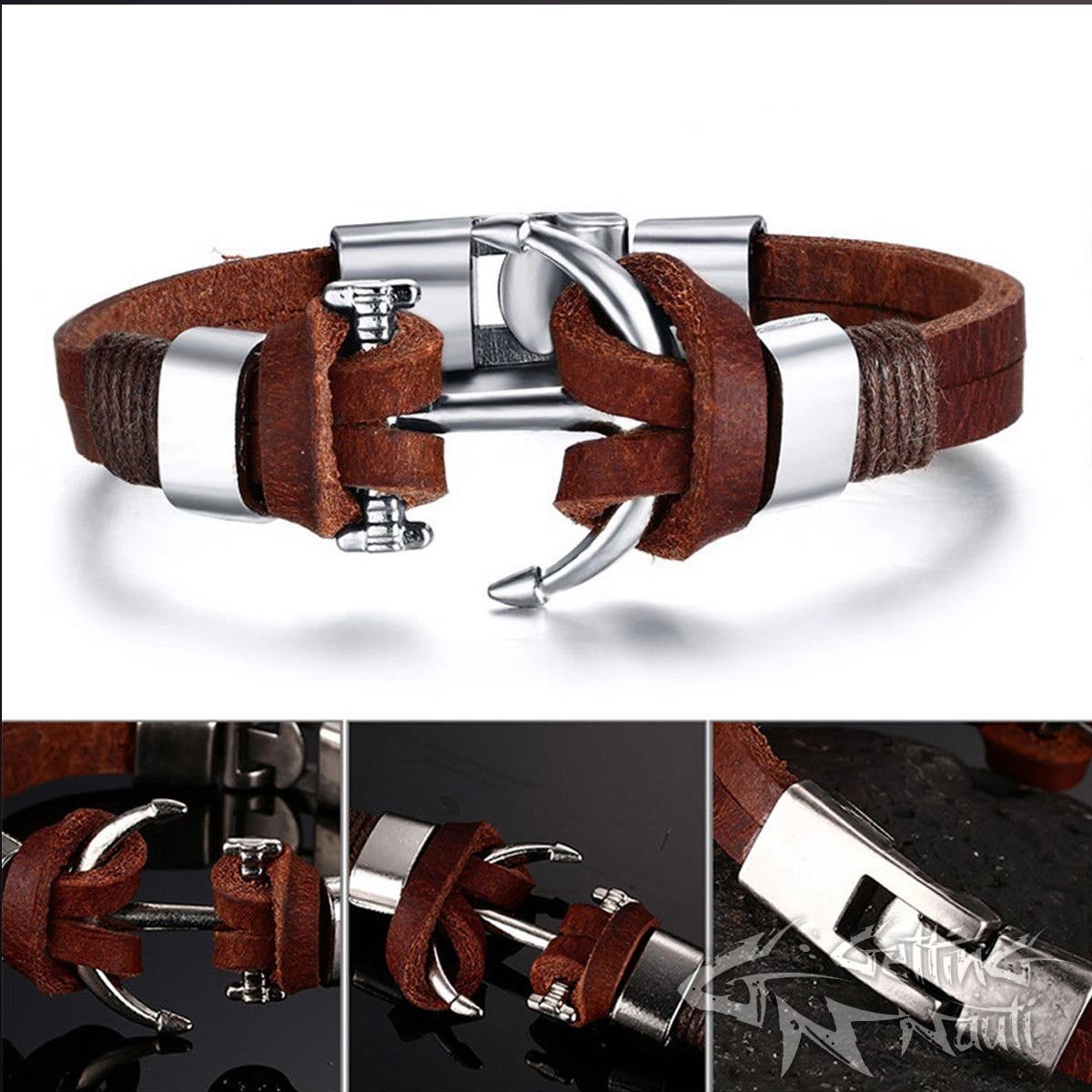 Unisex Silver-Plated Anchor Brown Leather Bracelet image 9
