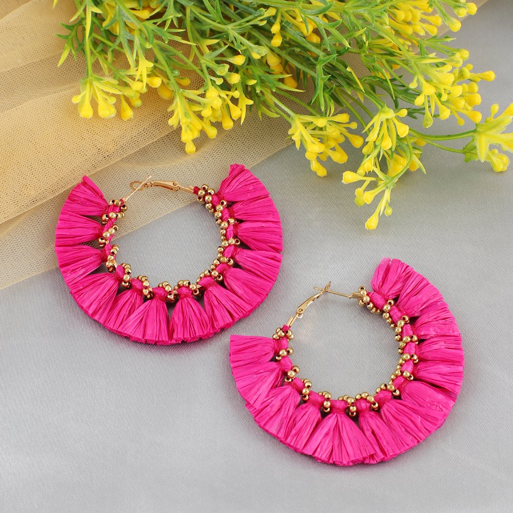 Handcrafted Pink Thread Detailed Hoop Earrings image 1