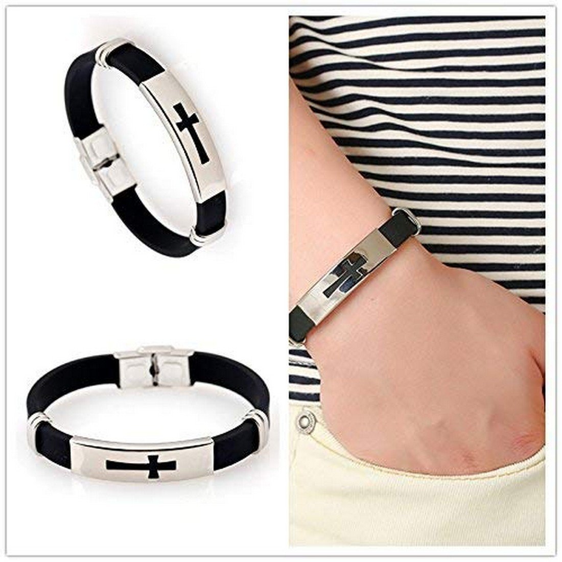 Black PU Leather Christian Cross Bracelet for Men image 1