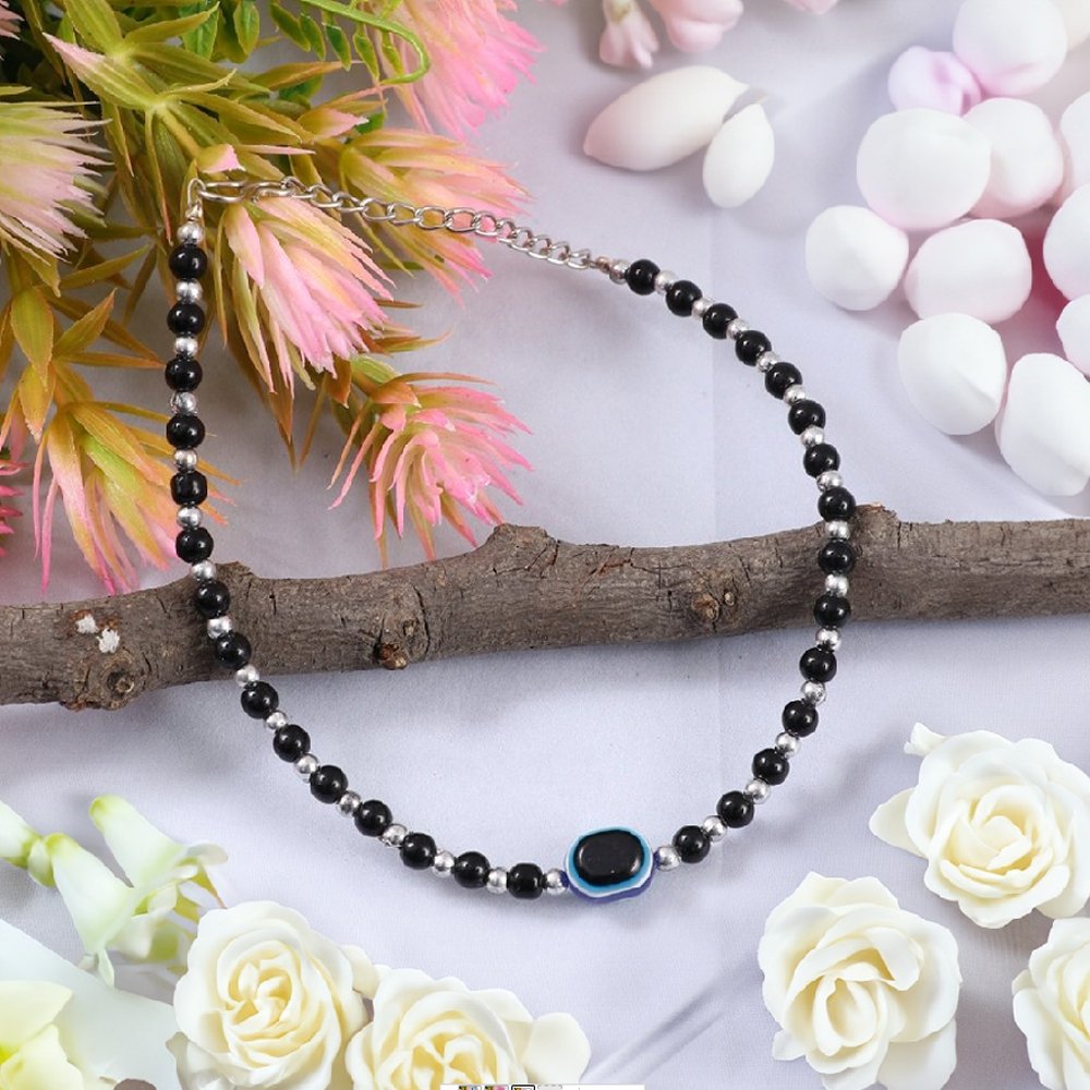 Silver-Plated Black Beaded Evil-Eye Anklet For Women & Girls image 5