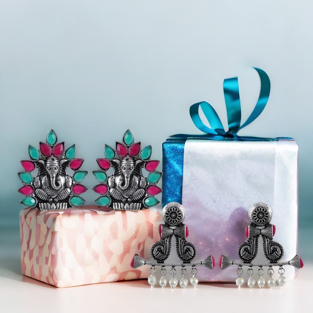 Oxidised Silver Stud Earrings Combo Set image 1