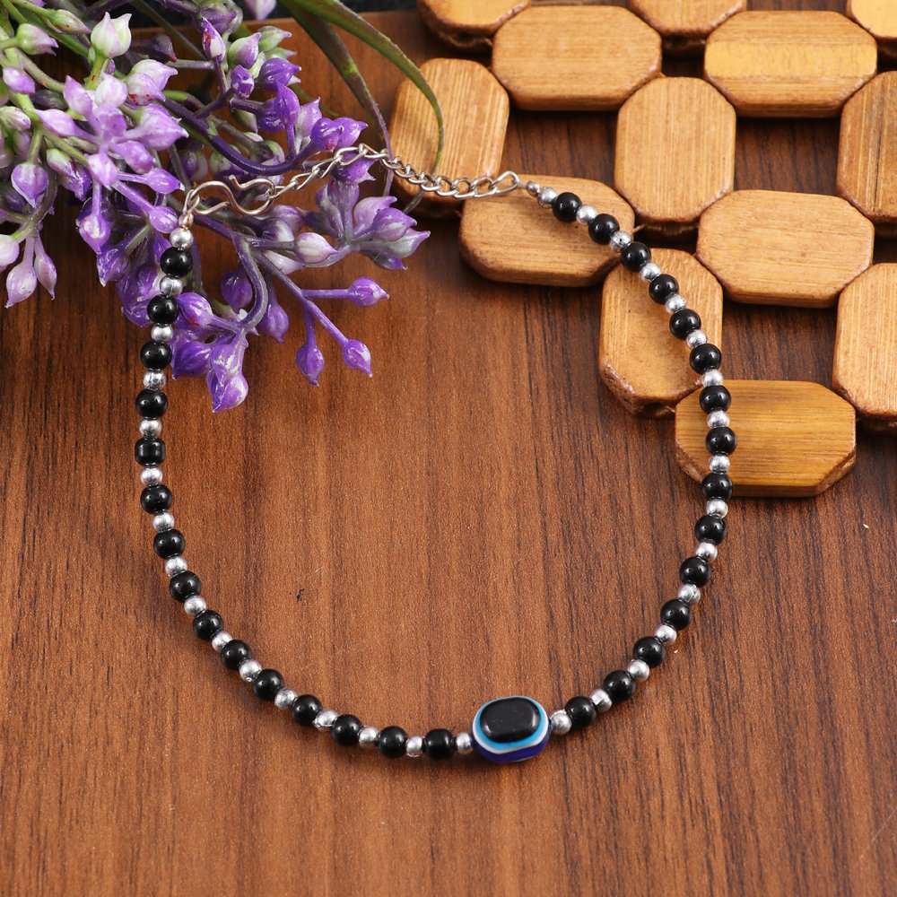 Silver-Plated Black Beaded Evil-Eye Anklet For Women & Girls image 0