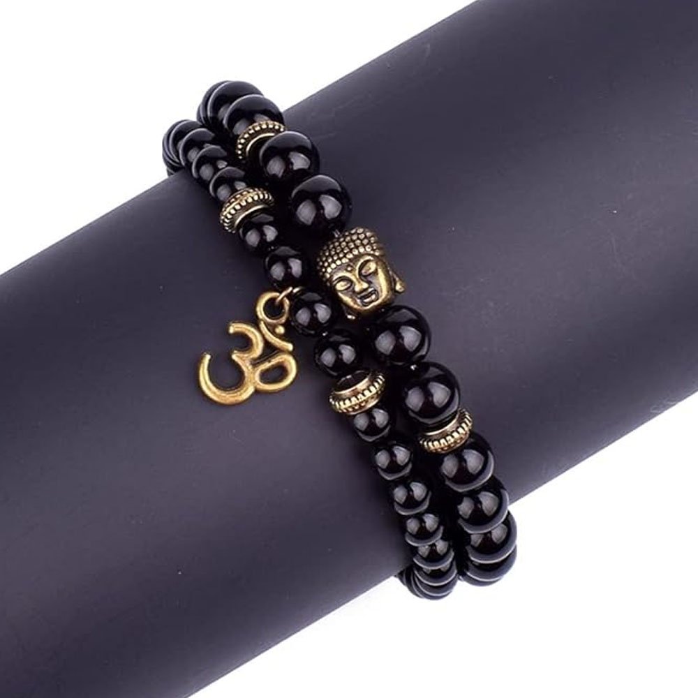 2PCs Glossy Black Beads OM Buddha Onyx Bracelet for Men & Women image 1